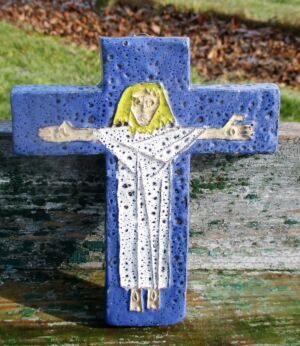 Mid Century Design Ceramic Modern Crucifix Ceramics Jesus Christ Blue Lovely