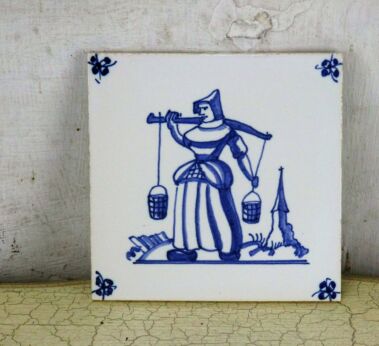 Vintage Blue White Wall Decorative Tile Delft Style Dutch Woman Carrying Buckets