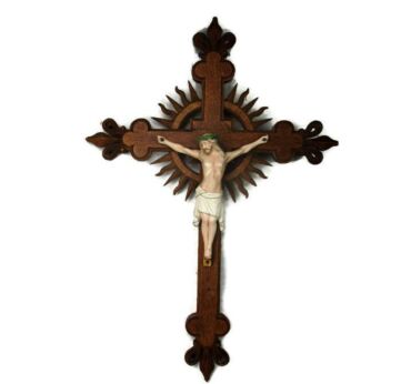 French Oak Hanging Crucifix Jesus Christ Porcelain Bisque Corpus Fleur de Lis