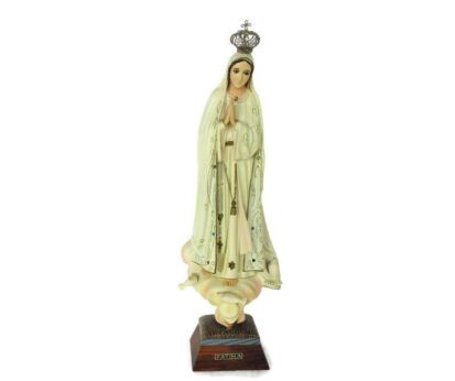 Vintage Our Lady Fatima resine Statue Glass Eyes Portugal Authentic 18.89" Lovely Doves on Wooden base