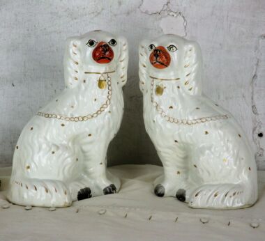 Antique Couple Pair Staffordshire Mantlepiece Wally Spaniel Dogs Porcelain 9.84"