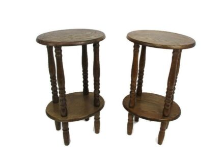 Pair Oval Carved wood French Oak 2 Tier Pedestal Table Plant Flower Bonsai Stand Side Table 70s