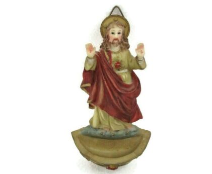Vintage Holy Water Font Resin Jesus Christ Sacred Holy Heart Polychrome Wall Hanging