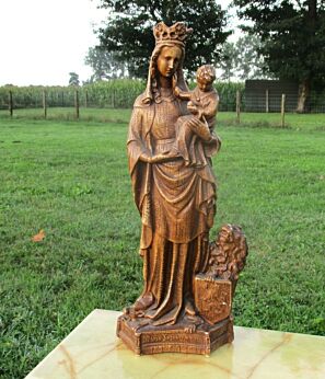 Antique Virgin Mary Madonna with Child Plaster Statuette Flanders Lion Shield