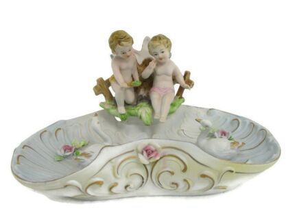 Centerpiece Marked Porcelain Figurines Putti Cherubs Swans Vase Delicate WOW Gorgeous