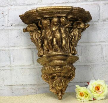 Ornate Wall Mounted Console Shelf Angels Gold Plaster Hollywood Regency Gorgeous