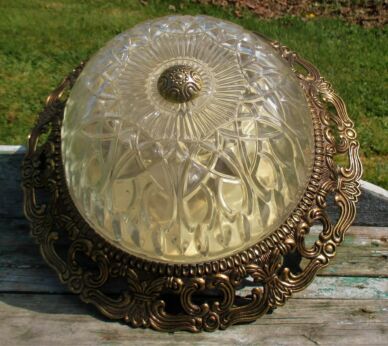 Large Vintage French Ceiling Lamp Fixture Plafonniere Brass Bubbled Glass Ornate