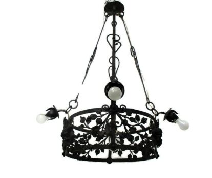 Wrought Iron Castle Chandelier Hand Forged Roses Art deco era Van Boeckel WOW