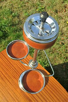 Vintage Chrome Standing Floor Push Ashtray 2 tier Unusual Leather Look Authentic