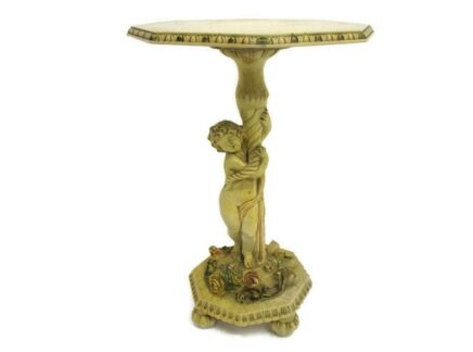 French Provincial White Crackled Side Wine Table Pedestal Putti Cherub Resin