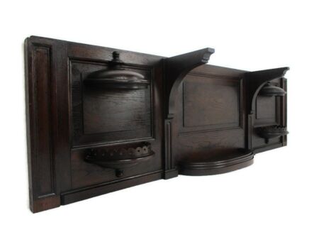 Antique French Breton hand Carved Wood Oak Pediment Panel with small consoles Niches Reclaimed Architectural