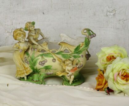 Victorian Ladies Cupid Bisque Planter Centerpiece Jardiniere Flowers Porcelain