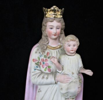Antique Porcelain Bisque Statue Virgin Mary Our Lady Madonna Infant Child Baby Pink 12"
