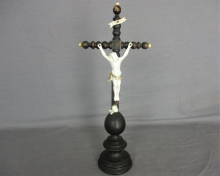 Antique Dark Carved wood Table Standing Crucifix Round Base  Bobbin  Porcelain Andenne Corpus