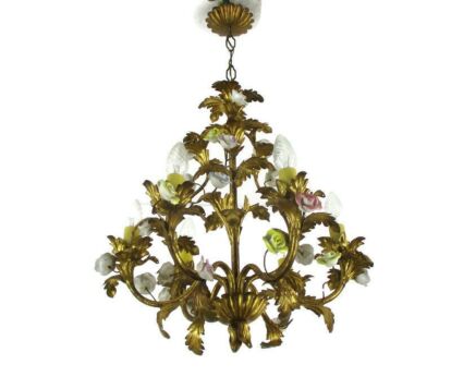 Italian Regency Chandelier 6 arm Lights Ornate Brass Leafs Porcelain Flowers