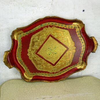 L Mid Century Italy Hollywood Regency Florentine Wood Serving Tray Red Handles