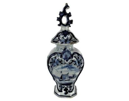 Small Antique 19th C Marked Pici Delft Vase Urn Seaside Boats Very rare Gorgeous