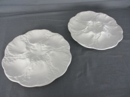 Set of 2 Oyster Plates Porcelain White Stylish Vintage Seafood Plates