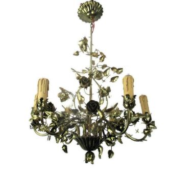 Hollywood Regency Chandelier 6 Lights Brass Flowers Leafs Basket HTF Lovely
