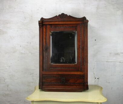 L Vintage Hand Carved Oak Kitchen Apothecary Wall Cabinet Beveled Glass mirror