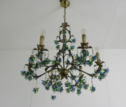 Italian Chandelier 6 arm Lights Ornate Faux Brass Art Glass Murano Grapes