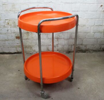 70s Vintage Retro Orange Plastic Round Cocktail Bar Cart Trolley