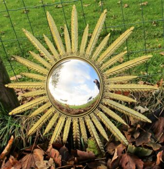 Stunning Sunburst Wall Hanging Convex Mirror Mid Century Brass French