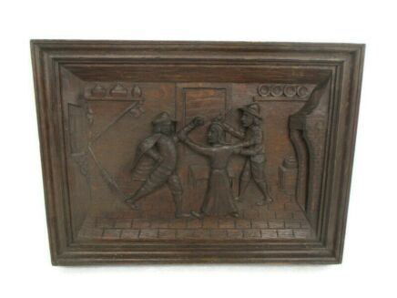 Breughel Scene Festive Hand Carved Wood Wall Panel Bas High Relief Tableaux French Oak Fight