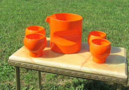 Vintage Orange German Steuler Art Pottery Pitcher jug Can 4 cups glazed ceramic