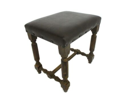Vintage Stool Ottoman Footstool Wood Faux Leather top Barn Style