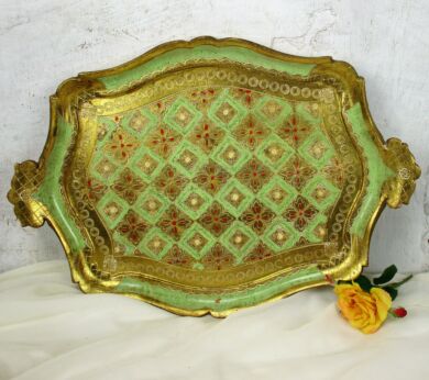 Italian Mid Century Hollywood Regency Florentine Serving Tray Green Gold Wood