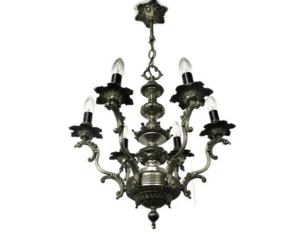 Vintage Chandelier 6 Lights Arms Ornate Spelter Hollywood regency Silver Colored