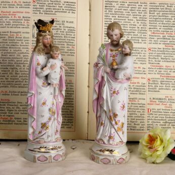 Antique Porcelain Virgin Mary Madonna Saint Joseph Infant Statues Soft Pastel