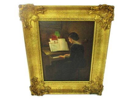 Large Painting Framed Ornate Gorgeous Oil on Canvas Lady Playing Piano 23"