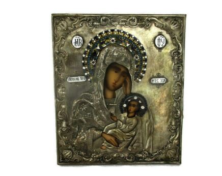 Ornate Brass Silver Plated Enameled Hand Hammered Icon Virgin Infant Child Monastery Oklad Gorgeous