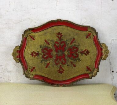 L Italian Mid Century Hollywood Regency Florentine Serving Tray Red Gold Resin