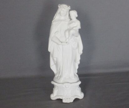 Antique Bisque Porcelain Statue Virgin Our Lady Mary Madonna with Infant Jesus Flower Wreath Garland 11.02" marked