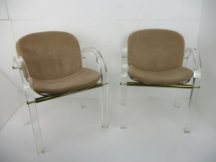 Pair Couple Charles Hollis Jones Lucite Set Chairs MCM Metric Fabric Brass HTF