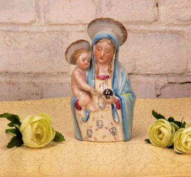 Porcelain Small Bust Statue of Virgin Mary with Infant Child Lovely