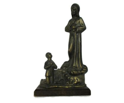 Art Deco Statue Jesus Christ with Kneeling Child Communion signed R. Scaly Brass (Bronze?) on wood