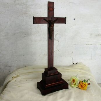 Antique Large French Standing Wooden Crucifix Jesus Christ Wooden Corpus 20"