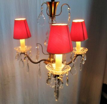 Brass Ornate Chandelier 3 Arms Lights Prisms Hollywood Regency Empire Red Shades