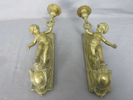 Pair Gorgeous Wall Mounted Sconces Candle Holders Putti Cherub Angels Brass Marked