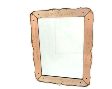 Large Art Deco Nouveau Bauhaus Wall Hanging Mirror Pink & Clear Flowers Vanity Beveled Glass Gorgeous
