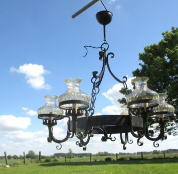 Wrought Iron Chandelier Amber Glass Shades 6 lights Castle style
