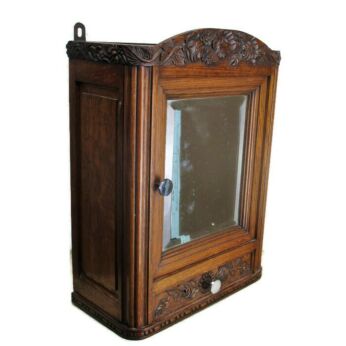 Hand Carved Oak Medicine Wall Cabinet Apothecary Ornate Beveled Glass Mirror