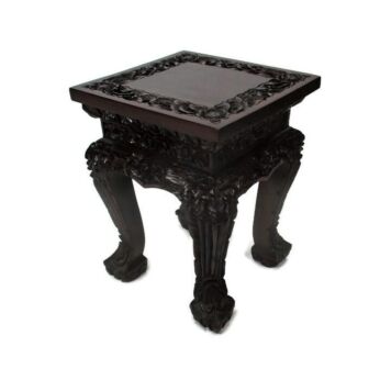 Low Small Ornate Dark Carved Wood Plant Stand Round Side Table Chinese 15.15"