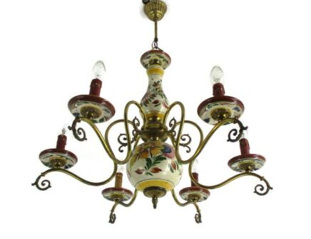 Chandelier 6 Arms Light Ceramic Porcelain Ceramic Brass Italian Style Polychrome