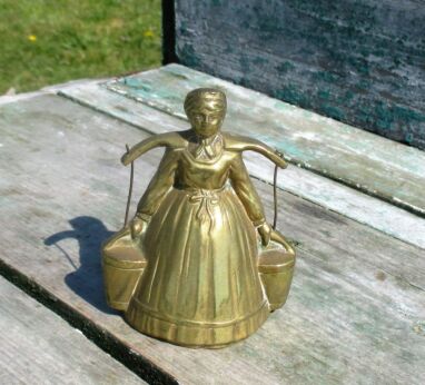Small Brass Ornate Table Bell Brass Clapper Decorative Woman Carrying Buckets