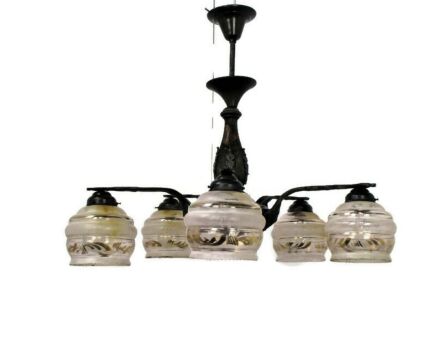 Art Deco Etched Art Glass Shades Chandelier Lights Ceiling Lamp 6 arm Lights